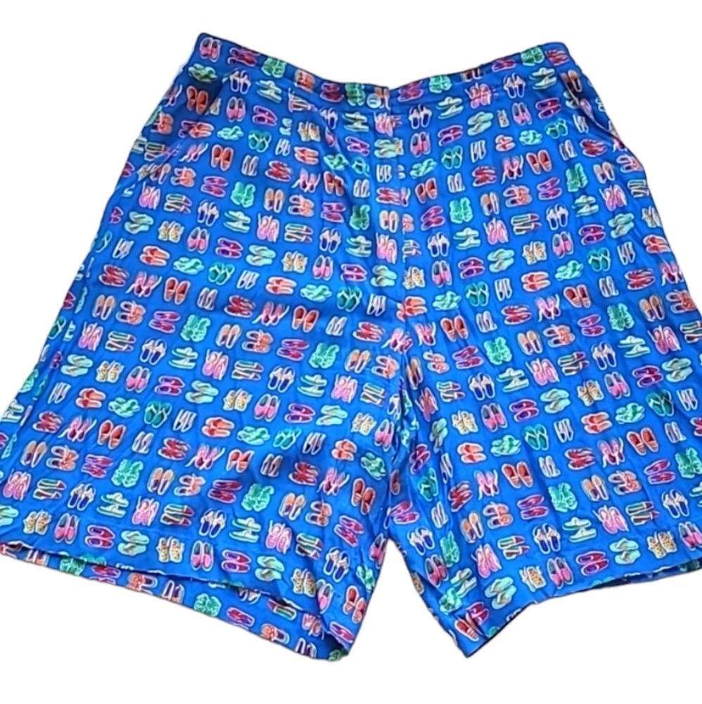 Vintage Rayon Bermuda Shorts Bright Dainty Shoes Sandals Print Blue